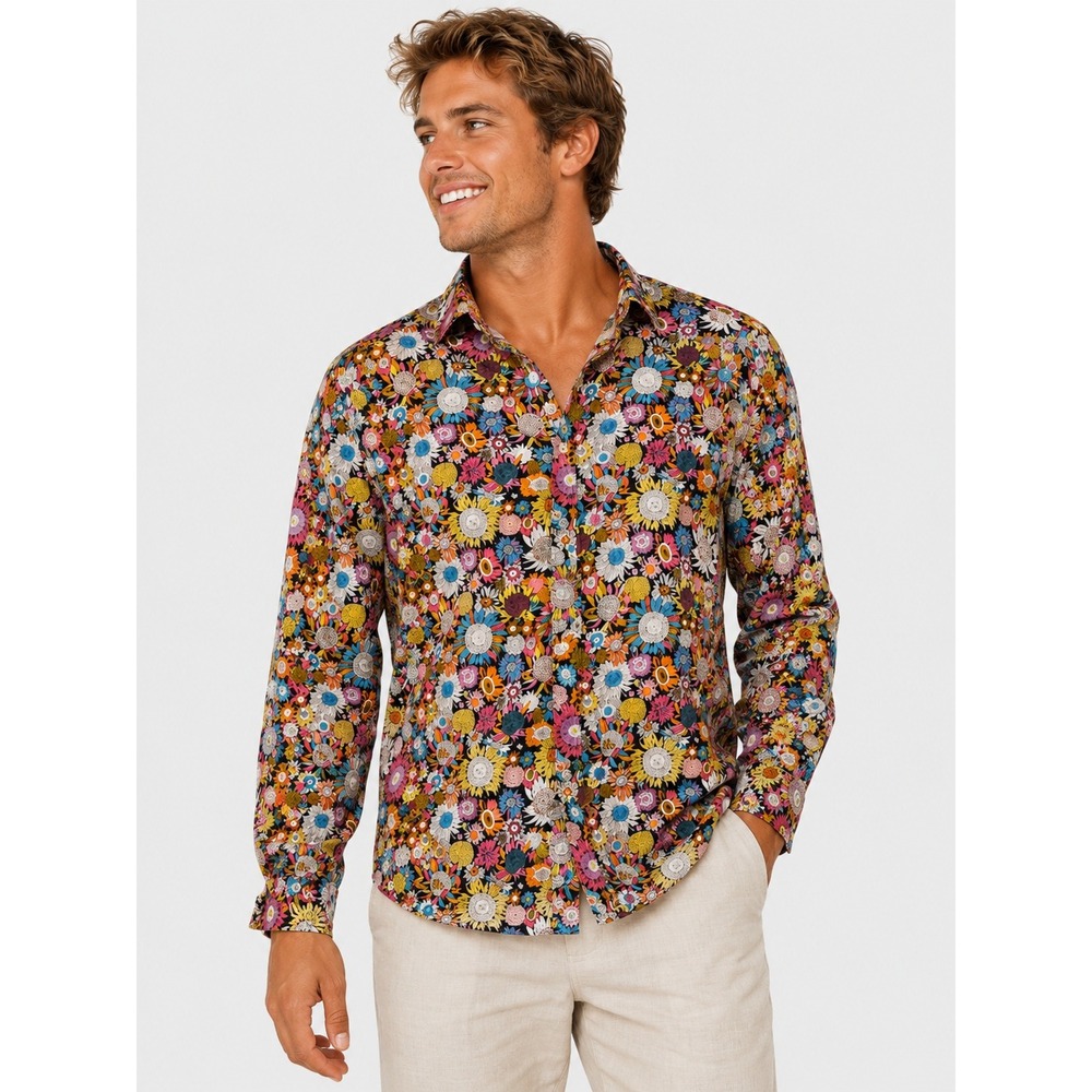 Tunevuse 100% Cotton Mens Floral Sunflower Button Down Shirt Multicolor Cotton L